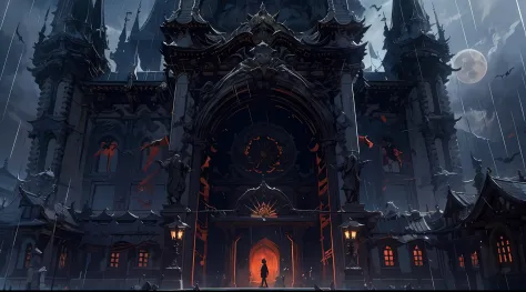 Dark, raiden, downpours,themoon，Black night，Fantasy Fortress The magnificent castle of the towering Dracula, Spooky wrought iron doors, Magnificent epic luxury castle, Delicate details, the bats, Vampires，thin fog, The back of the figure outside the door, ...