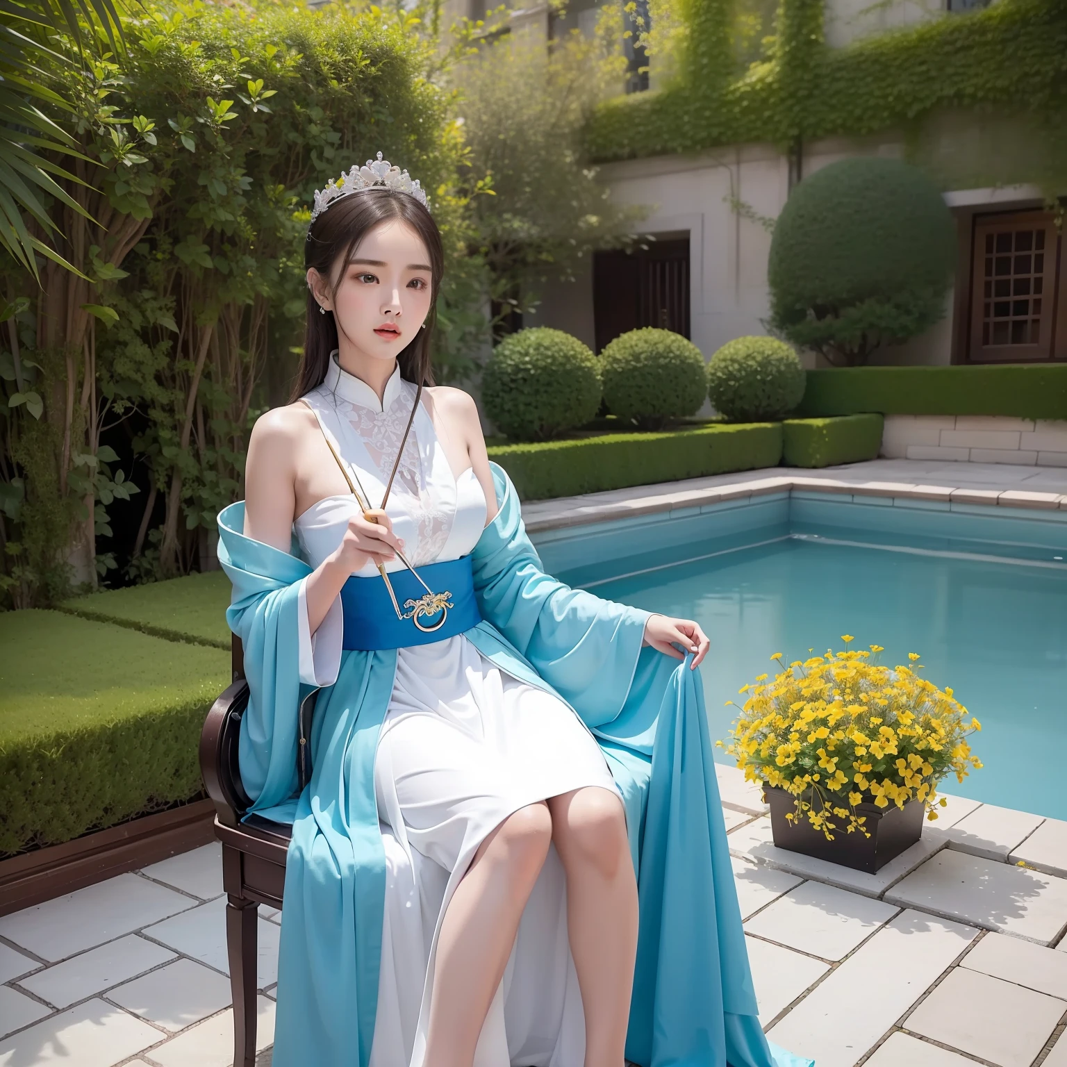 The woman didn't seem to notice Xiao Nanfeng's intrusion。。。。。。，Respectfully pull the erhu，Snow-white skin、Delicate face、Elongated swan neck，All exude an air of nobility that cannot be desecrated，A blue palace robe wrapped around her delicate body，Gorgeous and savvy，Cooperate with the colorful flowers and plants in the small courtyard，Like the queen of flowers，In the worship of all peoples。Even if Xiao Nanfeng watched a lot of beautiful women in movies and television in his previous life，That's amazing。