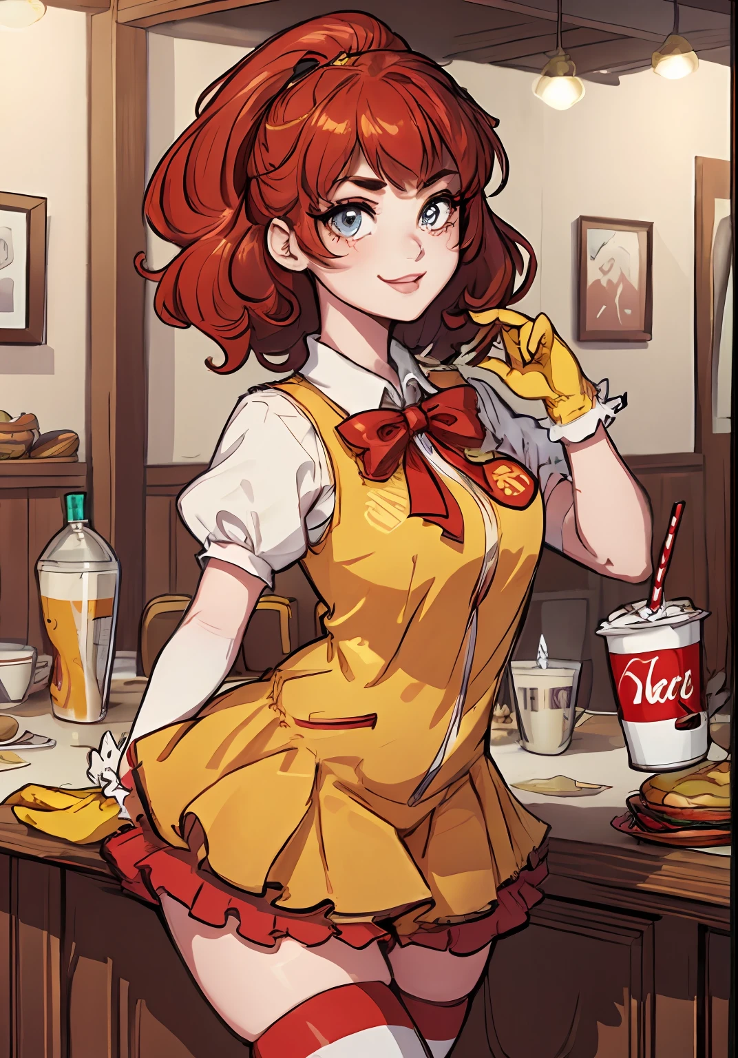 （Chen Xudong：1），astonishment，adolable，Cute pose，looking at viewert，thick thight，（Yellow gloves，striped thighhighs，Striped sleeves），1girll，ssmile，Exquisite facial features，Burger in hand，Coke，
（realisticlying：1.2）， （hentail realism）， （tmasterpiece：1.2）， （best qualtiy）， （Hyper-detailing）， （8K， 4K， 复杂）， （full body shot of：1），（cowboy lens：1.2）， （85mm）， light particules， illuminating， （highly details：1.2）， （Detailed face：1.2）， （Gradient）， sfv， a color，（Detailed eyes：1.2），
（Detailed lady view，dining room：1.2），（detailedbackground），detailed scenic view，（dynamic angle：1.2），（dynamicposes：1.2），（third_composition：1.3），（Action lines：1.2），wide wide shot，rays of sunshine，独奏，