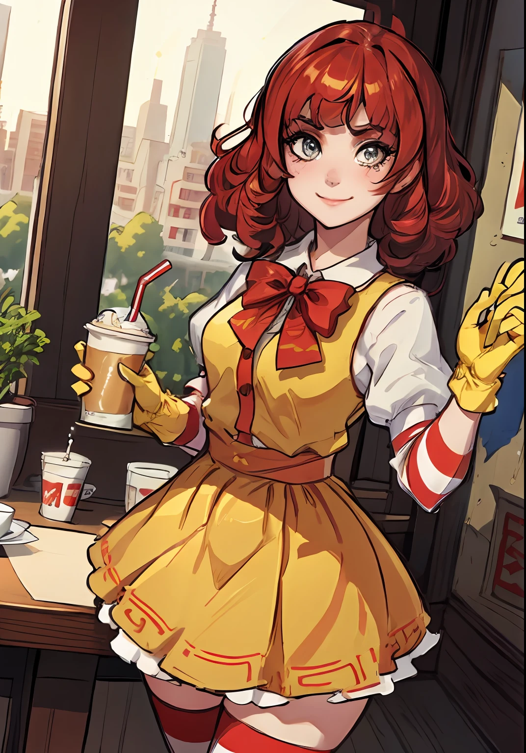 （Chen Xudong：1），astonishment，adolable，Cute pose，looking at viewert，thick thight，（Yellow gloves，striped thighhighs，Striped sleeves），1girll，ssmile，Exquisite facial features，Burger in hand，Coke，
（realisticlying：1.2）， （hentail realism）， （tmasterpiece：1.2）， （best qualtiy）， （Hyper-detailing）， （8K， 4K， 复杂）， （full body shot of：1），（cowboy lens：1.2）， （85mm）， light particules， illuminating， （highly details：1.2）， （Detailed face：1.2）， （Gradient）， sfv， a color，（Detailed eyes：1.2），
（Detailed lady view，dining room：1.2），（detailedbackground），detailed scenic view，（dynamic angle：1.2），（dynamicposes：1.2），（third_composition：1.3），（Action lines：1.2），wide wide shot，rays of sunshine，独奏，