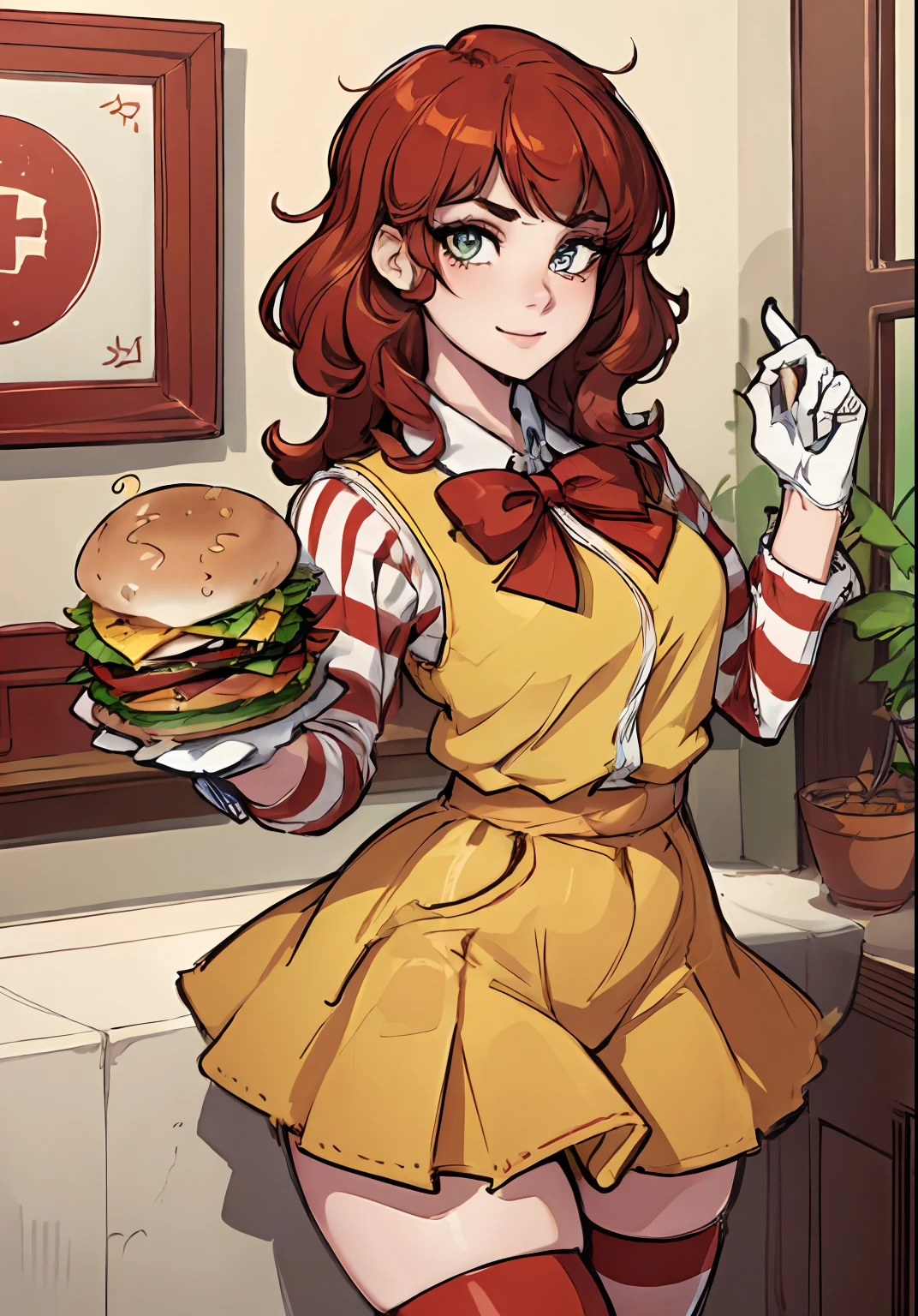 （Chen Xudong：1），astonishment，adolable，Cute pose，looking at viewert，thick thight，（Yellow gloves，striped thighhighs，Striped sleeves），1girll，ssmile，Exquisite facial features，Burger in hand，
（realisticlying：1.2）， （hentail realism）， （tmasterpiece：1.2）， （best qualtiy）， （Hyper-detailing）， （8K， 4K， 复杂）， （full body shot of：1），（cowboy lens：1.2）， （85mm）， light particules， illuminating， （highly details：1.2）， （Detailed face：1.2）， （Gradient）， sfv， a color，（Detailed eyes：1.2），
（Detailed lady view，dining room：1.2），（detailedbackground），detailed scenic view，（dynamic angle：1.2），（dynamicposes：1.2），（third_composition：1.3），（Action lines：1.2），wide wide shot，rays of sunshine，独奏，