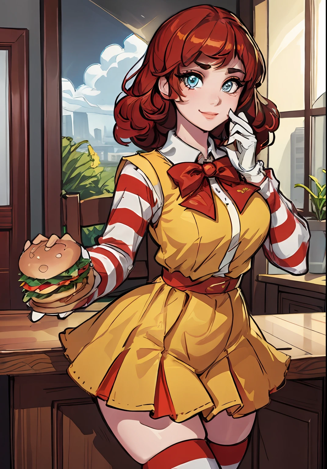 （Chen Xudong：1），astonishment，adolable，Cute pose，looking at viewert，thick thight，（Yellow gloves，striped thighhighs，Striped sleeves），1girll，ssmile，Exquisite facial features，Burger in hand，
（realisticlying：1.2）， （hentail realism）， （tmasterpiece：1.2）， （best qualtiy）， （Hyper-detailing）， （8K， 4K， 复杂）， （full body shot of：1），（cowboy lens：1.2）， （85mm）， light particules， illuminating， （highly details：1.2）， （Detailed face：1.2）， （Gradient）， sfv， a color，（Detailed eyes：1.2），
（Detailed lady view，dining room：1.2），（detailedbackground），detailed scenic view，（dynamic angle：1.2），（dynamicposes：1.2），（third_composition：1.3），（Action lines：1.2），wide wide shot，rays of sunshine，独奏，