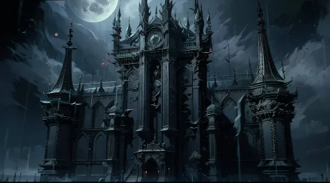 Dark, raiden, downpours,themoon，Black night，Fortress of fantasy，The magnificent castle of the towering Dracula, Spooky wrought iron doors, Magnificent epic luxury castle, Delicate details, the bats, Vampires，thin fog, The back of the figure outside the doo...