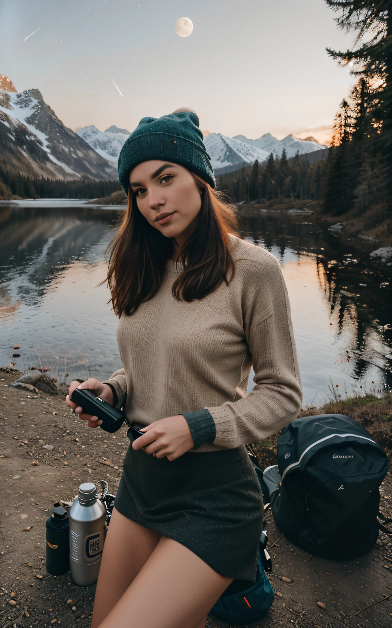 1 woman ((upper body selfie, happy)), masterpiece, best quality, ultra-detailed, solo, outdoors, (night), mountains, nature, (stars, moon) cheerful, happy, backpack, sleeping bag, camping stove, water bottle, mountain boots, gloves, sweater, hat, flashlight, forest, rocks, river, wood, smoke, shadows, contrast, clear sky, analog style (look at viewer:1.2) (skin texture) (film grain:1.3), (warm hue, warm tone:1.2), close up, cinematic light, sidelighting, ultra high res, best shadow, RAW, upper body, wearing pullover