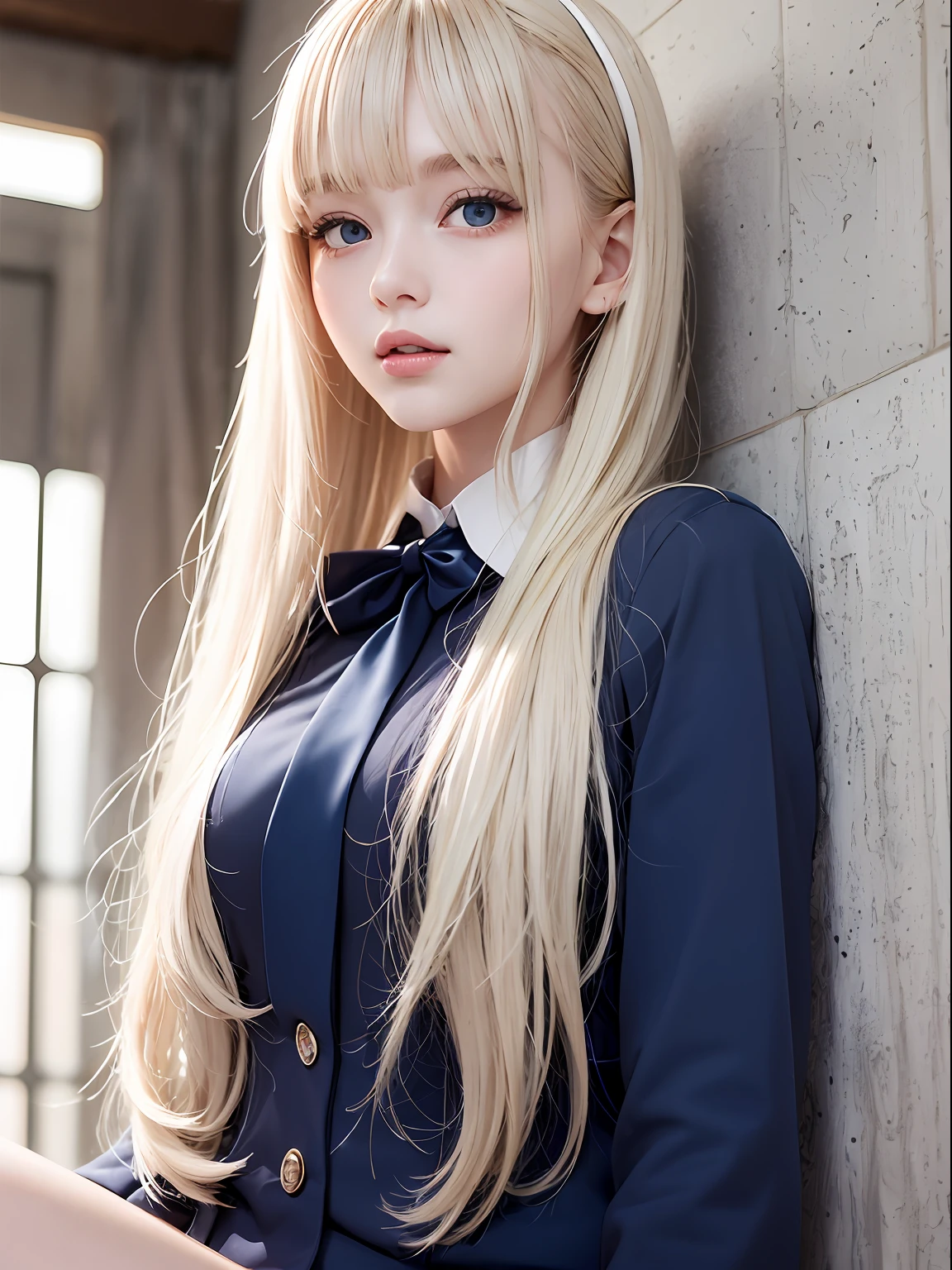 portlate、School Uniforms、bright expression、poneyTail、Young shiny shiny white shiny skin、Best Looks、Blonde reflected light、Platinum blonde hair with dazzling highlights、Thin, shiny light hair,、Super long silky straight hair、Beautiful bangs that shine、Glowing crystal clear big blue eyes、Very beautiful nice cute 18 year old girl、