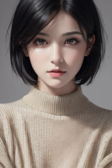 (masterpiece:1.3), (8k, photorealistic, RAW photo, best quality: 1.4), (1girl), beautiful face, (realistic face), (black hair, short hair:1.3), beautiful hairstyle, realistic eyes, beautiful detailed eyes, (realistic skin), beautiful skin, (sweater), absur...