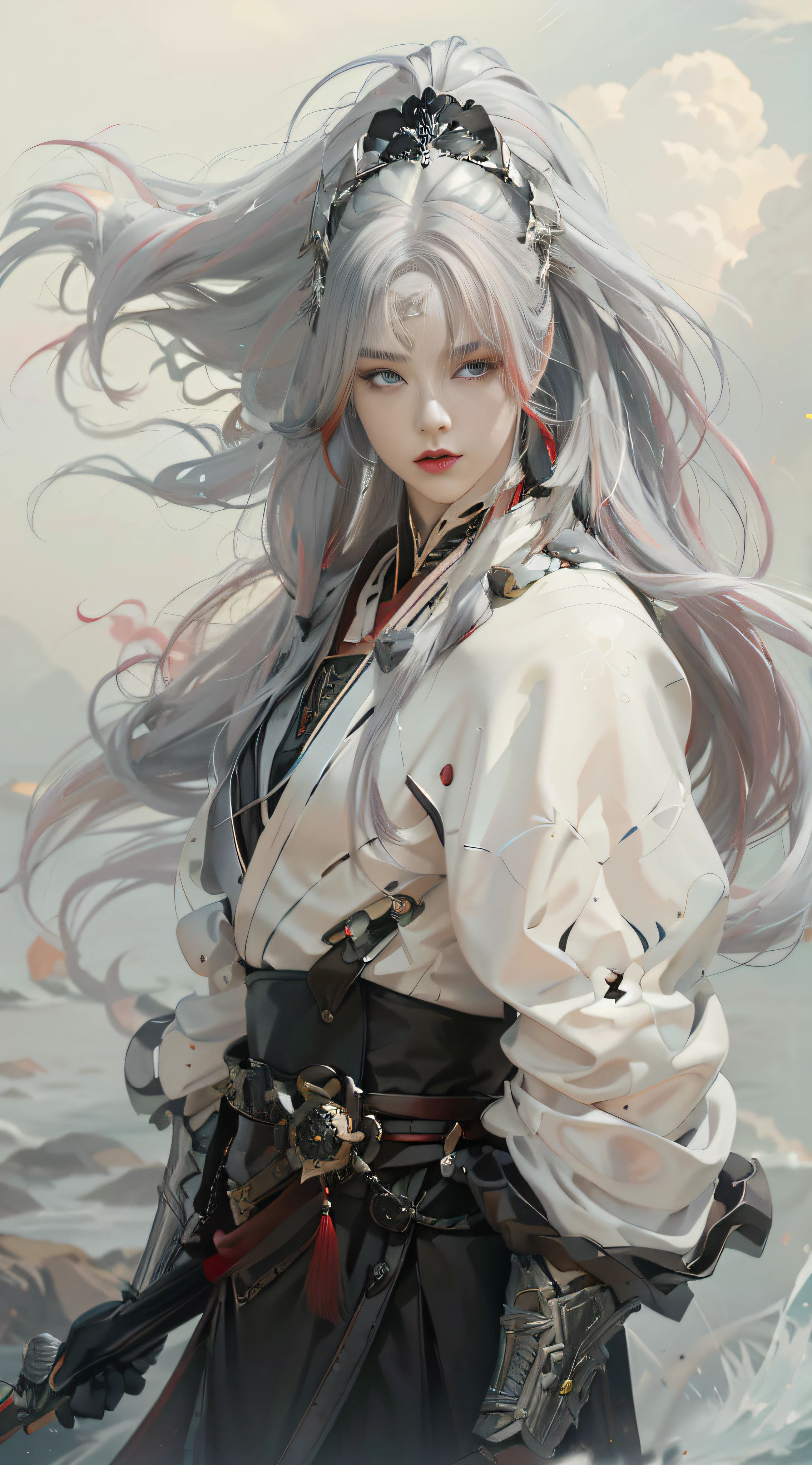 Close-up of a long-haired man holding a sword, Asian man, white Hanfu, black and white embroidery, red belt, red fringed hair ornament, black metal shoulder armor, black metal shoulder pads, handsome guy in art, long black hair, flowing hair and robes, beautiful character painting, red headdress, tassels, anime characters, detailed character art, male anime characters, black hair, flowing red hair, CG, 8k HD, movie quality,