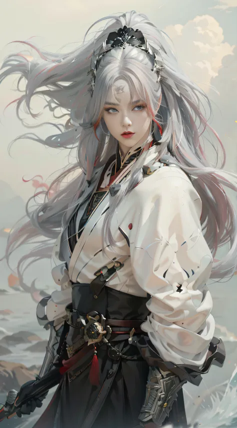 Close-up of a long-haired man holding a sword, Asian man, white Hanfu, black and white embroidery, red belt, red fringed hair or...