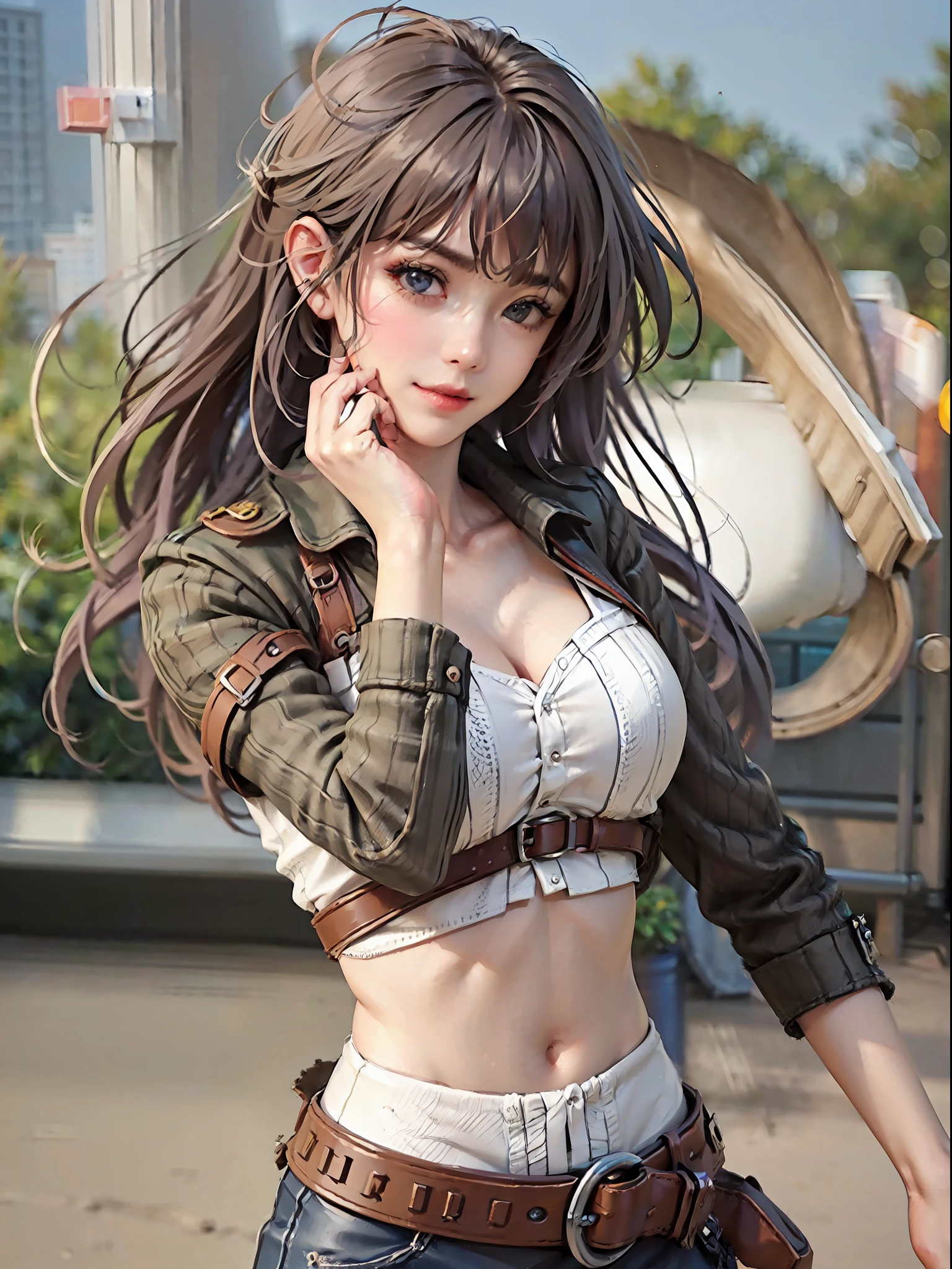 ((Best Quality:1.2, 8K, Sharp Focus, master piece: 1.2, natural Light, extremely details CG, beautiful Girl:1.2, reality, Detailed face textures, Realistic skin, beautiful makeup, octane render, magnificent, Detailed bangs)), (depth of fields), Bokeh background, Smile, detailed brilliant brown and silver two-tone long hair, Cowboy Shot, (white cropped shirt), wind, from side