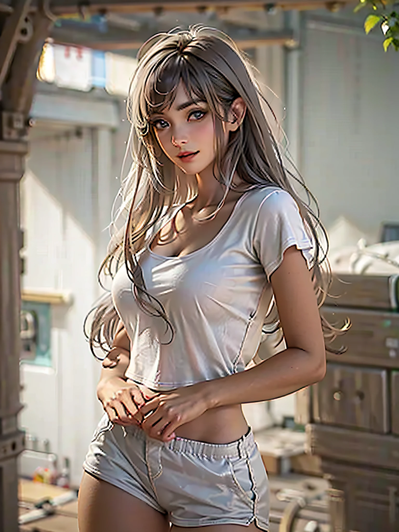 ((Best Quality:1.2, 8K, Sharp Focus, master piece: 1.2, natural Light, extremely details CG, beautiful Girl:1.2, reality, Detailed face textures, Realistic skin, beautiful makeup, octane render, magnificent, Detailed bangs)), (depth of fields), Bokeh background, Smile, detailed brilliant brown and silver two-tone long hair, Cowboy Shot, (white cropped shirt), wind, from side