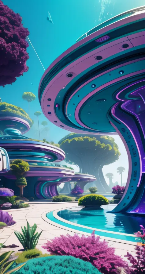 alien world underwater metal sci-fi alien style house with oval forms vivid colors, turquoise sky, purple shrubs and trees, gree...