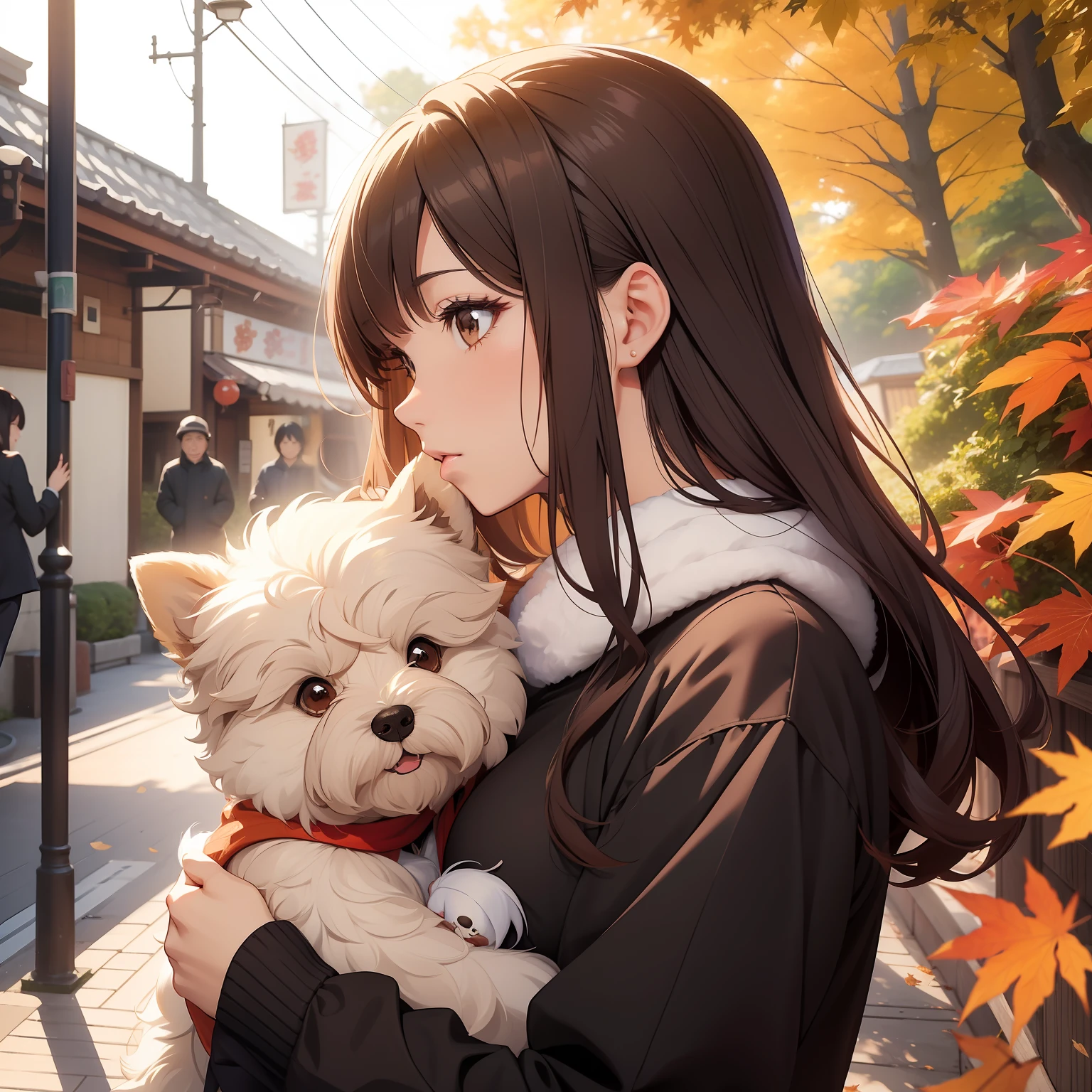 Anime girl holding a dog in her arms on a street - SeaArt AI