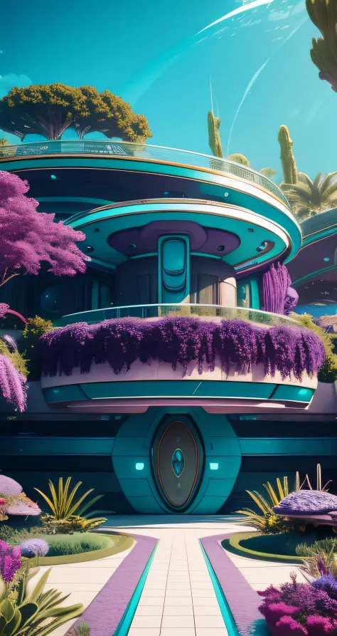 alien world underwater metal sci-fi alien style house with oval forms vivid colors, turquoise sky, purple shrubs and trees, gree...