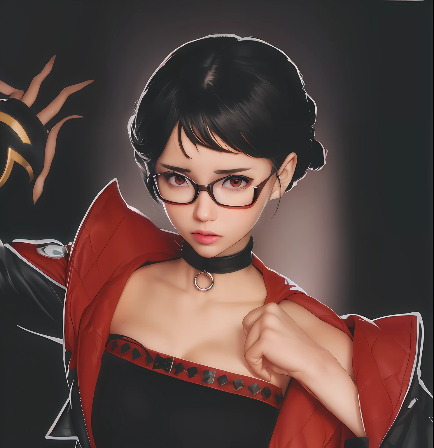 anime girl with glasses and a red jacket posing for a picture, made with anime painter studio, anime styled digital art, persona 5 art style wlop, portrait of a female anime hero, digital anime illustration, detailed digital anime art, anime style portrait, painted in anime painter studio, portrait of anime woman, digital anime art, anime style digital art, anime style 4 k 8k clenched fist position red eyes With a background atmosphere in the Japanese countryside