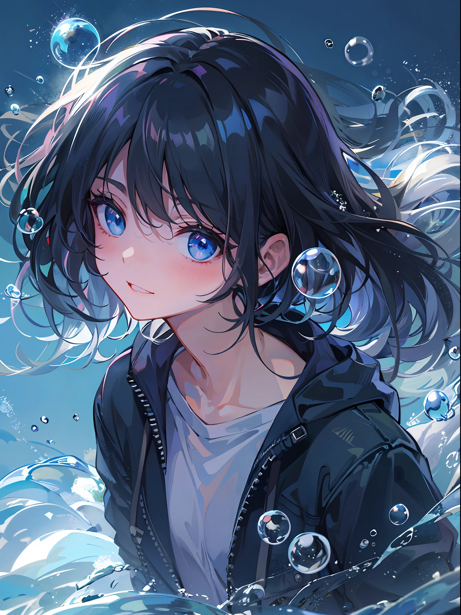 ((top-quality)), ((​masterpiece)), ((Ultra-detail)), (extremely delicate and beautiful), girl with, solo, cold attitude,((Black jacket)),She is very(relax)with  the(Settled down)Looks,A darK-haired, depth of fields,evil smile,Bubble, under the water, Air bubble,bright light blue eyes,Inner color with black hair and light blue tips,Cold background,Bob Hair - Linear Art, shortpants、knee high socks、Camisole inner shirt、Hands in pockets