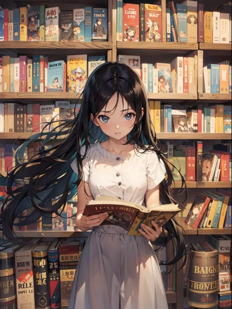 Top image quality　Original Characters、Long Black Hair、Used Bookstore、bookcase、Vintage