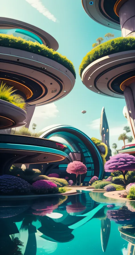 alien world underwater metal sci-fi alien style house with oval forms vivid colors, turquoise sky, purple shrubs and trees