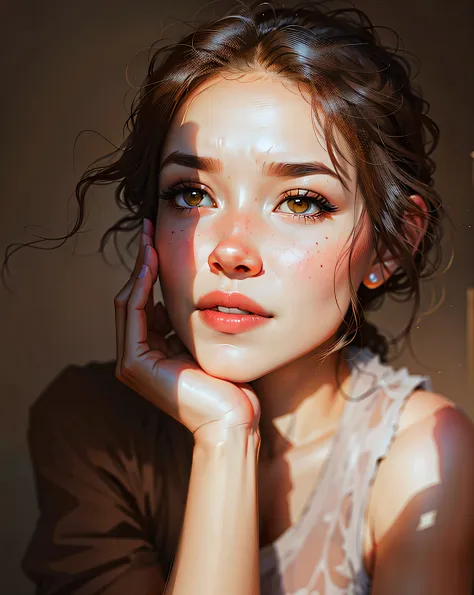 a hyper-realistic portrait of a young woman, in the middle of nature, 22 years old, realistic, (lying on her side), sexy, (huge ...