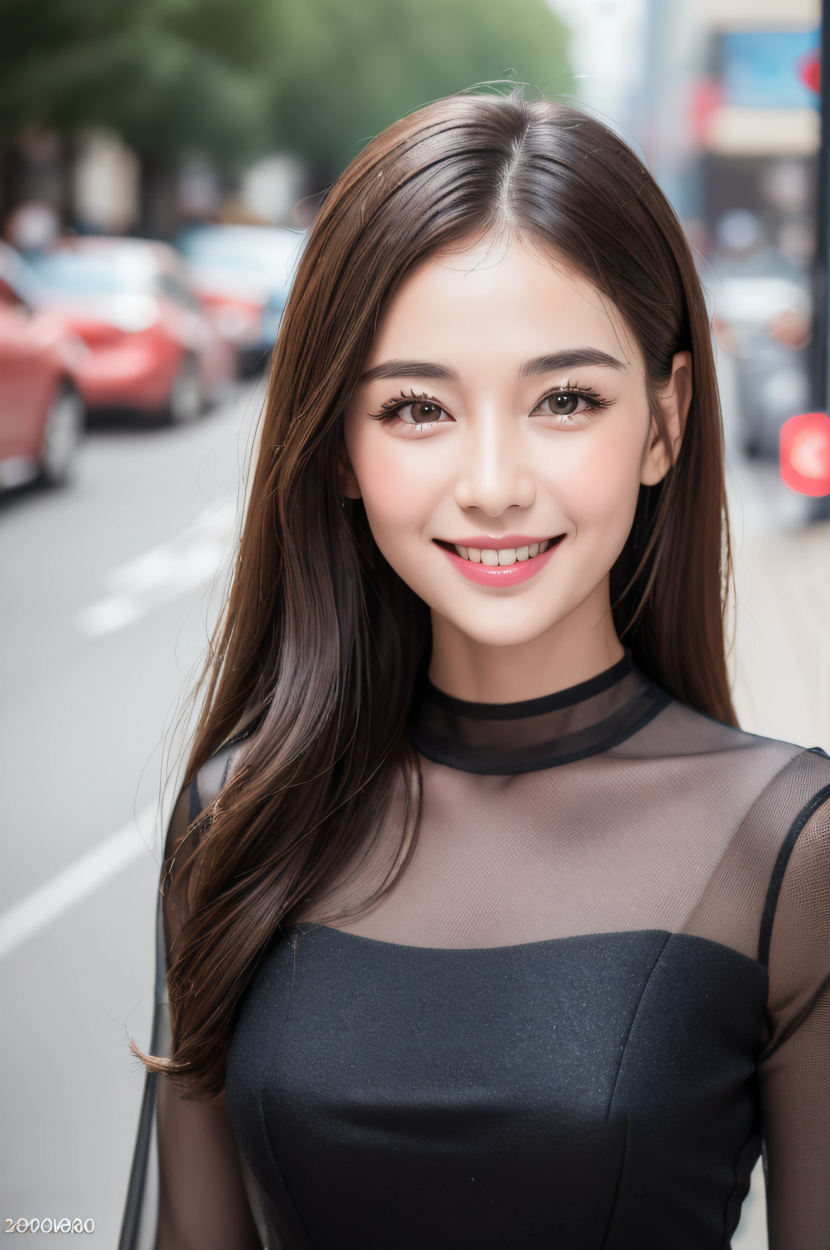 ((Best quality, 8k, Masterpiece :1.3)), 1girl, smiling, full body, slim face, Pretty woman, (Dark brown hair), full length dress :1.1, Ultra-detailed face, Detailed eyes, Double eyelid,  blur background, slim face, city, outside, street,