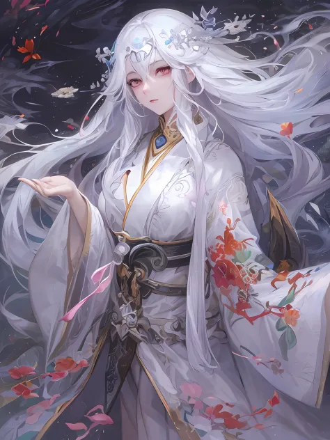 A pixiv competition winner, fantasy art, white-haired god, beautiful character painting, guvez style artwork, dazzling gaze of Yuki Onna, guweiz, long white hair, flowing hair and robes, cute big eyes, illustrations, fine lines, deep color