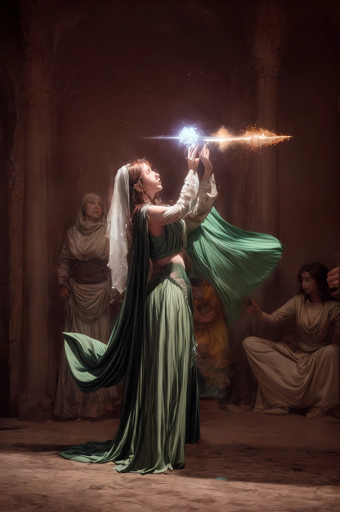 arafed woman in a green dress holding a white and brown object, female mage conjuring a spell, a sorceress casting a ice ball, fantasy character photo, the sorceress casting a fireball, maya ali as a d&d sorcerer, forest elf bard playing lute, an arcane wizard casting a spell