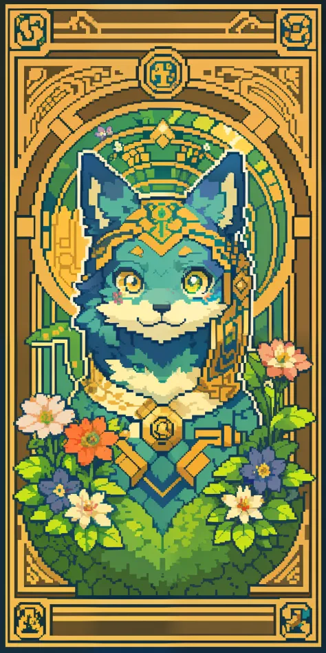 top quality, best quality, logo mark, stamp, Geometric pattern, vector-art, High-quality illustrations by Alfons Mucha, masterpiece(kemono, furry anthro)flower, pixel art,