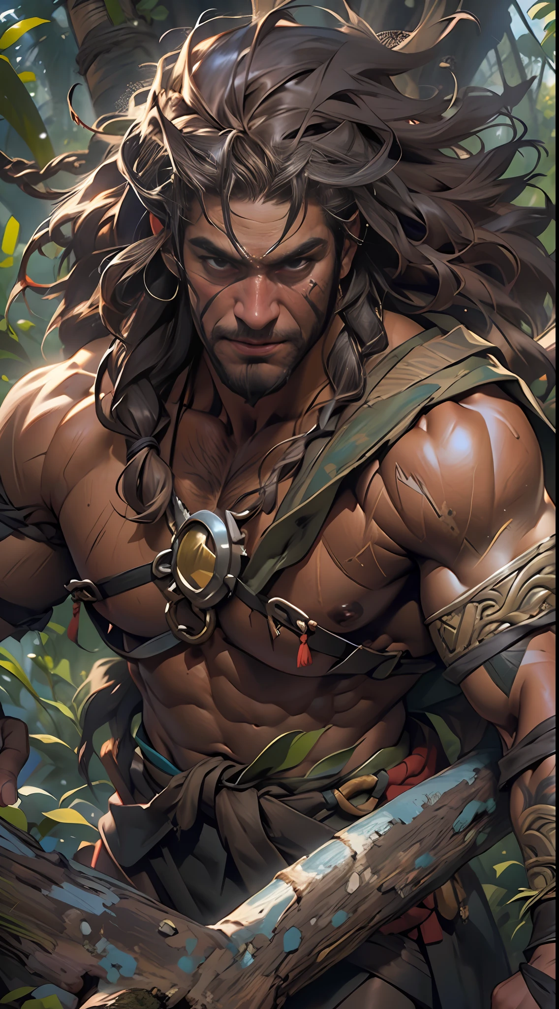 Muscular barbarian, partially  upper body, lower body uncovered from thighs to feet,, long flowing curls, intricate muscular details, photorealistic artwork, 4K quality. Background: Dense jungle with ancient ruins,32k uhd, best quality, masterpiece, super detail, high details