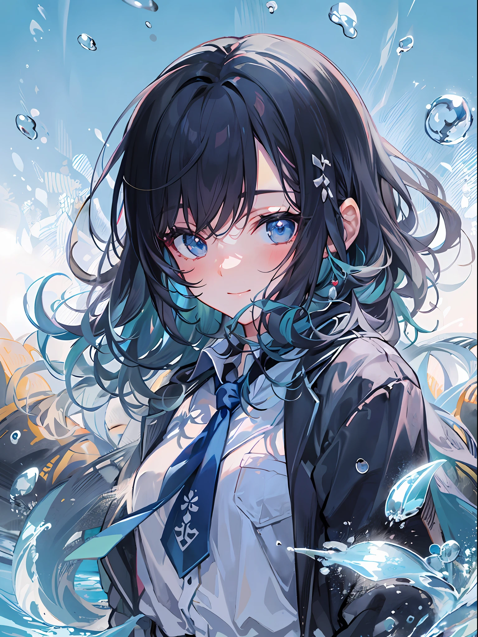 ((top-quality)), ((​masterpiece)), ((Ultra-detail)), (extremely delicate and beautiful), girl with, solo, cold attitude,((Black jacket)),She is very(relax)with  the(Settled down)Looks,A darK-haired, depth of fields,evil smile,Bubble, under the water, Air bubble,bright light blue eyes,Inner color with black hair and light blue tips,Cold background,Bob Hair - Linear Art, shortpants、knee high socks、White uniform like 、Light blue ribbon ties、Clothes are sheer、Hands in pockets