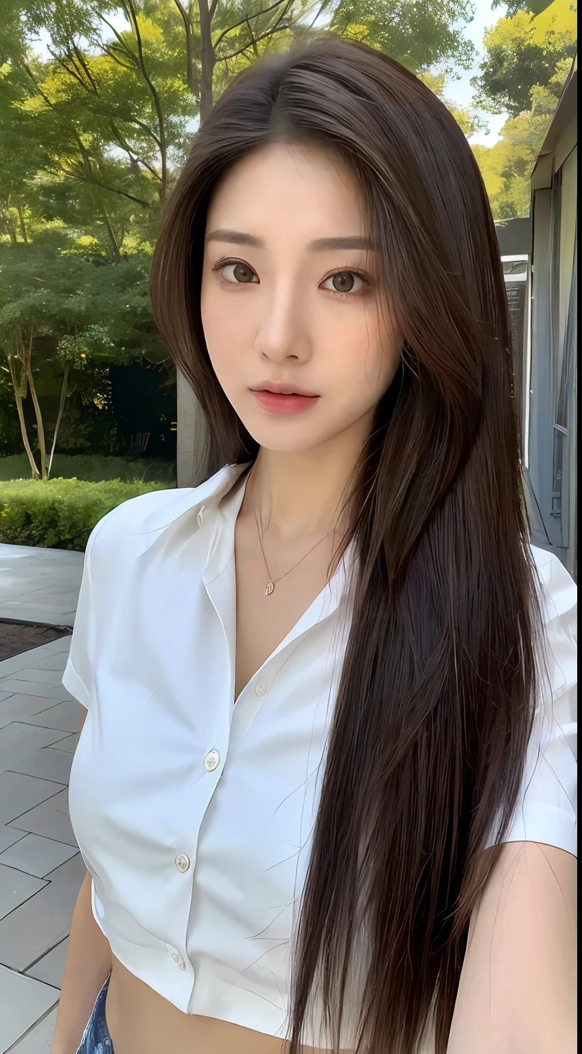 ((Realistic lighting, best quality, 8k, masterpiece: 1.3)), sharp focus: 1.2, 1 girl, beauty with perfect figure: 1.4, slender abs: 1.1, ((layered hairstyle)), (white shirt: 1.4), (outdoor: 1.1), ultra-fine face, fine eyes, double eyelids,