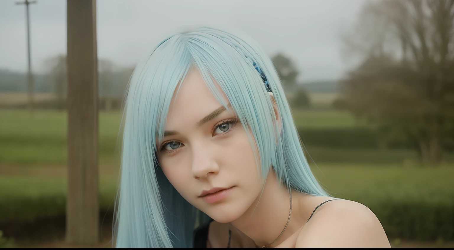 brynhildr lancer from fate,16-year old,naive,pure,literary girl, pretty round face,tall,very skinny,slender,light blue hair, cross-cut bangs strongly leans to the right,detailed hair,sad look, countryside girl