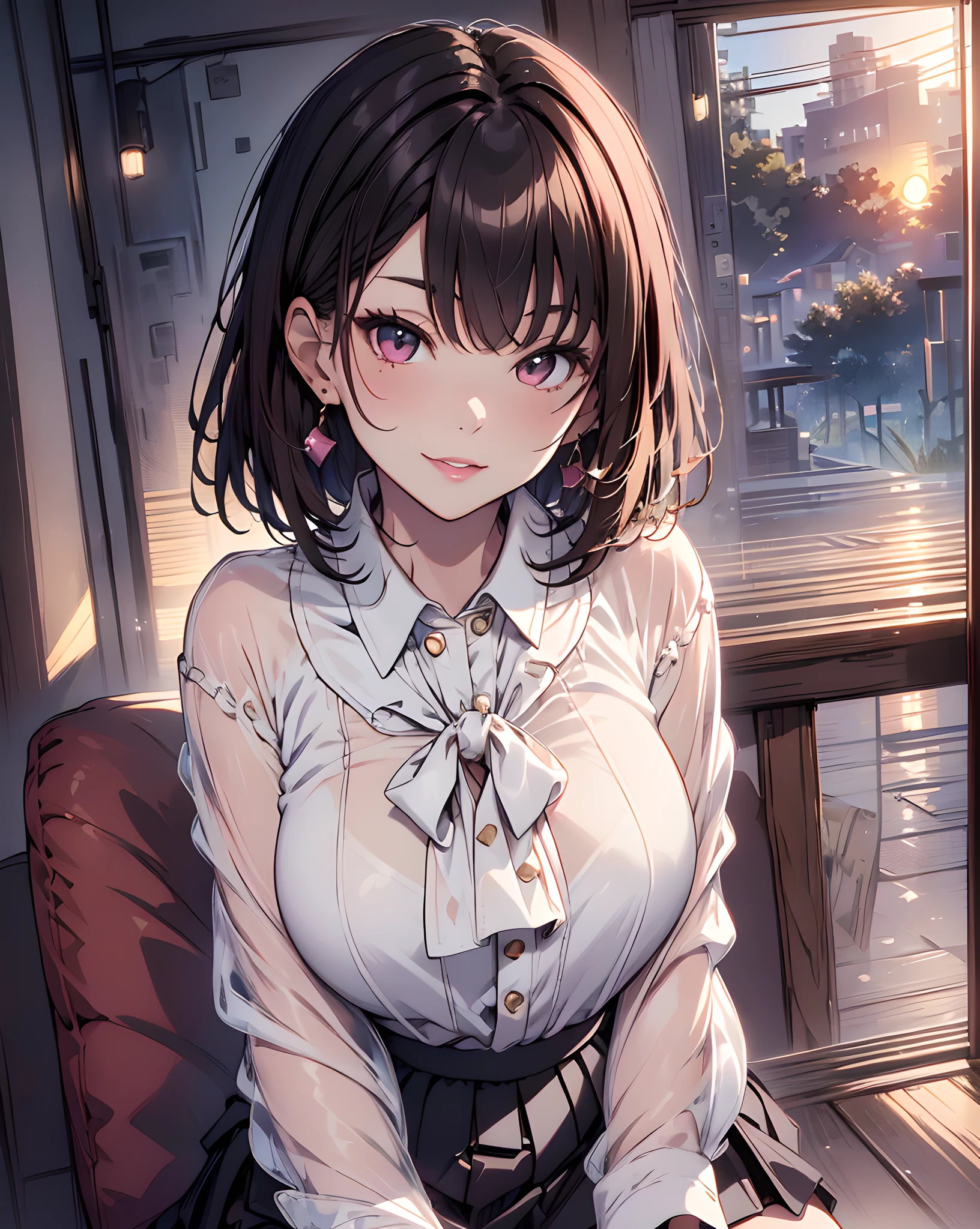 (((head out of frame,close-up lips))), (masterpiece, best quality:1.37), highres, ultra-detailed, ultra-sharp, BREAK, Korean office queen, (((1girl:1.37, solo))), (beautiful anime face, cute face, detailed face), (brown hair, thin hair, short hair, bangs, hime-cut), detailed beautiful cyan eyes, BREAK, ((detailed blouse:1.5)), (detailed short skirt:1.5), BREAK, lovely look, earing, detailed clothes), light smile, closed mouth, parted lips, pink lipstick, BREAK, ((sitting the couch, spread legs, hands between legs, leaning forward)), detailed human hands, HDTV:1.2, ((detailed sunset office room view background:1.3)), 8 life size, slender, anime style, anime style school girl, perfect anatomy, perfect proportion, inspiration from Kyoto animation and A-1 picture, late evening, excellent lighting, bright colors, clean lines, photorealistic