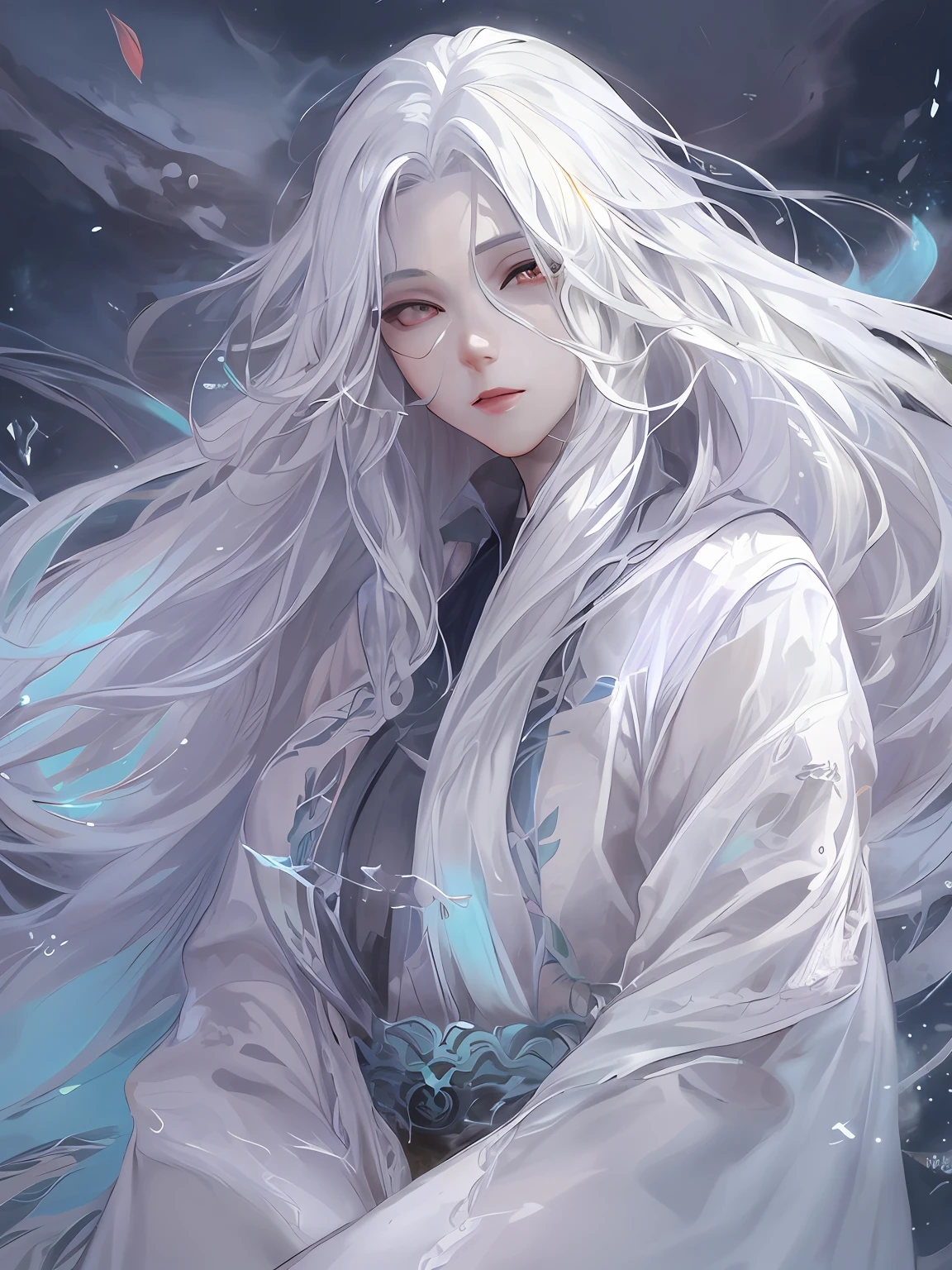 Ein Gewinner des Pixiv-Wettbewerbs, Fantasy-Kunst, weißhaariger Gott, schöne Charaktermalerei, Kunstwerke im Guvez-Stil, blendender Blick von Yuki Onna, guweiz, langes weißes Haar, wallendes Haar und Gewänder, süße große Augen, Illustrationen, Dünne Linien, dunkle Farbe