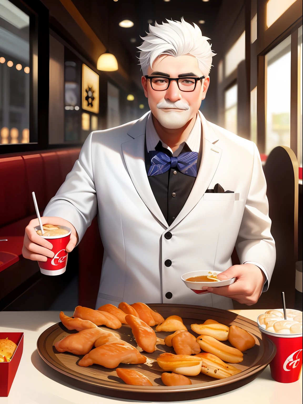 tmasterpiece，best qualityer，Detailed details，An old grandfather, ssmile，KFC hamburger，Coke，Grilled chicken wings，White hair，white mustache，Fat Chubby，white business suit，White trousers，a black bowtie，red apron，dynamicposes，restaurant，fast food restaurant