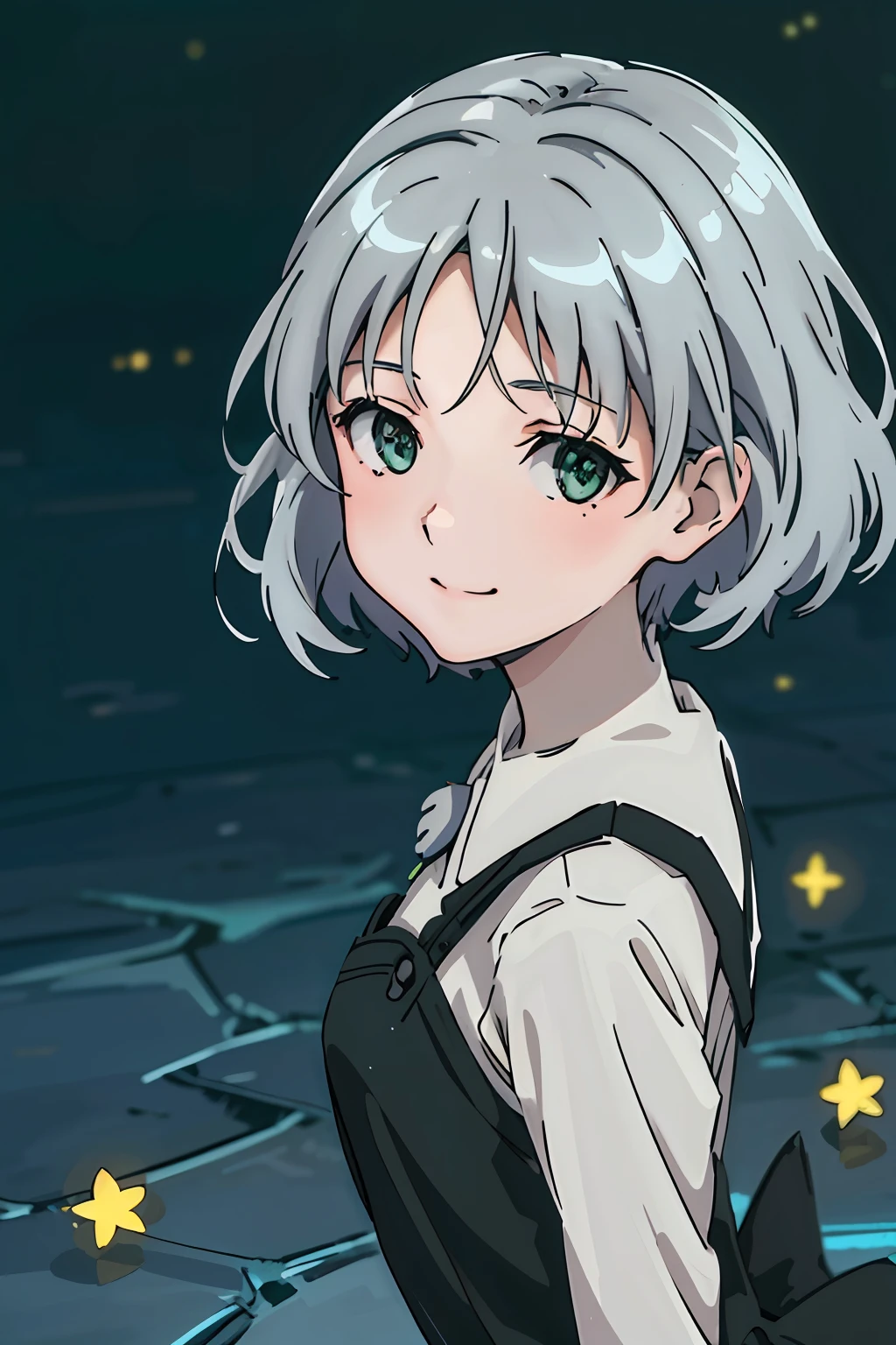 (highres, best quality:1.2), 1girl, radiance, soft contours, beautiful drawing, upper body, concept art, eyelashes, kyoani hyouka style, detailed background, bright colors,
sanya v. litvyak, smile, short fluffy silver hair, green eyes,
((black dress)), lily hairpin in hair, night sky, stars, flickering fireflies