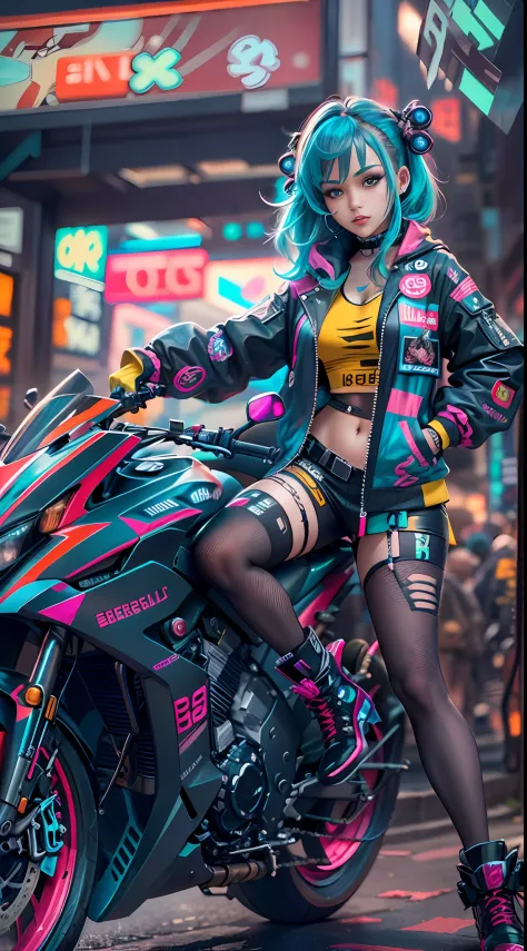 Masterpiece, Best quality, 1 Cyberpunk Girl, Full body shot, Stand in front of the motorcycle, view the viewer, Confident cyberpunk girl with funky expression, Popular costumes in Harajuku style, Bold colors and patterns, Eye-catching accessories, Trendy a...