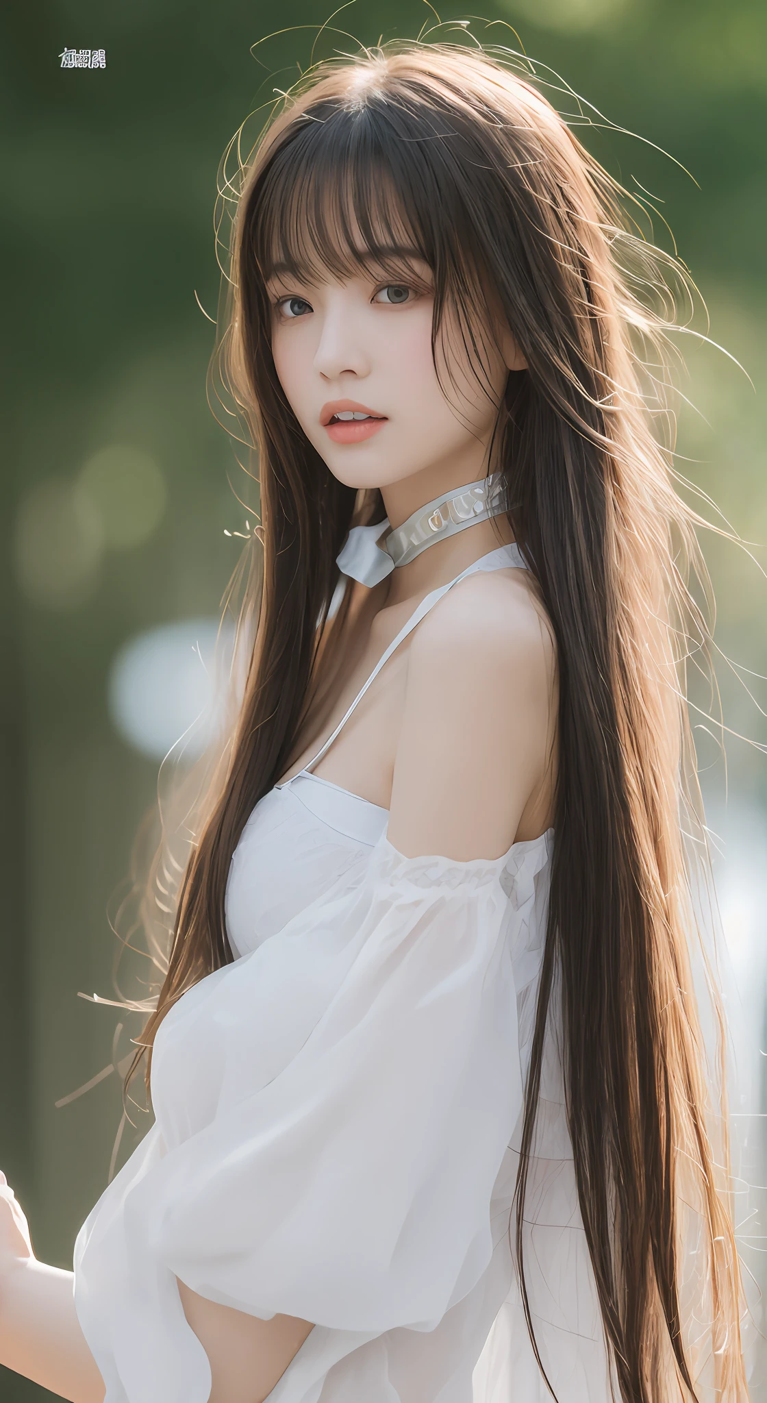 perfect figure beautiful woman：1.4，Layered Hair Style，Protruding cleavage，Two-dimensional clothing：1.5，Highly Detailed Face and Skin Textur，二重まぶた，Whiten the skin，long whitr hair，playing water，Collar