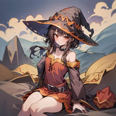 1 girl,​masterpiece,small tits,(top-quality),sitting on,(Megumin),Big witch's hat,(High Details),
