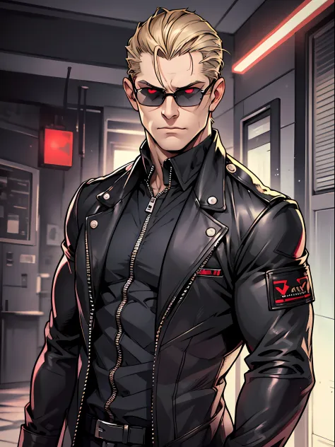Albert Wesker from Resident Evil 5, 48 year old, tall, hunk, lean muscle, square-shaped face, wearing small black shades, thin d...