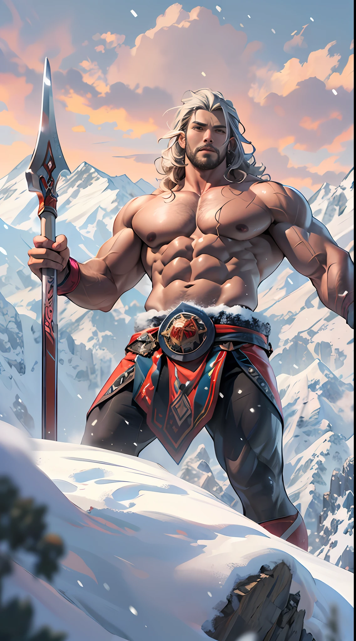 Mighty warrior, shirtless upper body, legs exposed from thighs to feet, cascading long curls, detailed muscular physique, lifelike depiction, 4K resolution. Background: Snow-covered mountain peak,32k uhd, best quality, masterpiece, super detail, high details