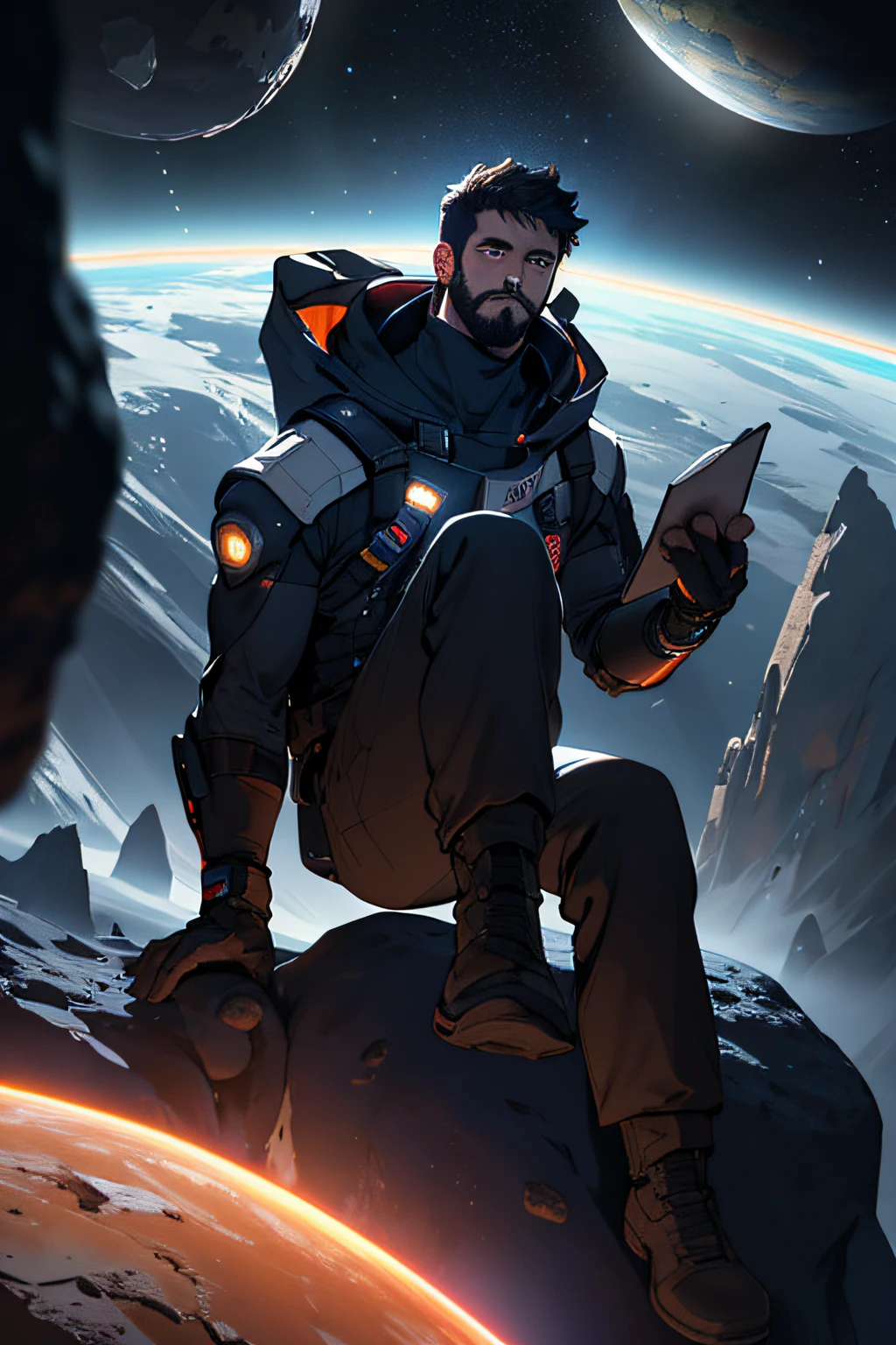 Draw a young programmer, sitting on a research platform floating in the middle of an asteroid belt. He is studying with a notebook, surrounded by several asteroids glowing with fiery auras. Dramatic lighting from distant stars and planets illuminates the scene, casting deep shadows on the suit. The young man looks confident and determined, looking at the vast and mysterious universe with wonder and respect,facial hair, cowboy shot,