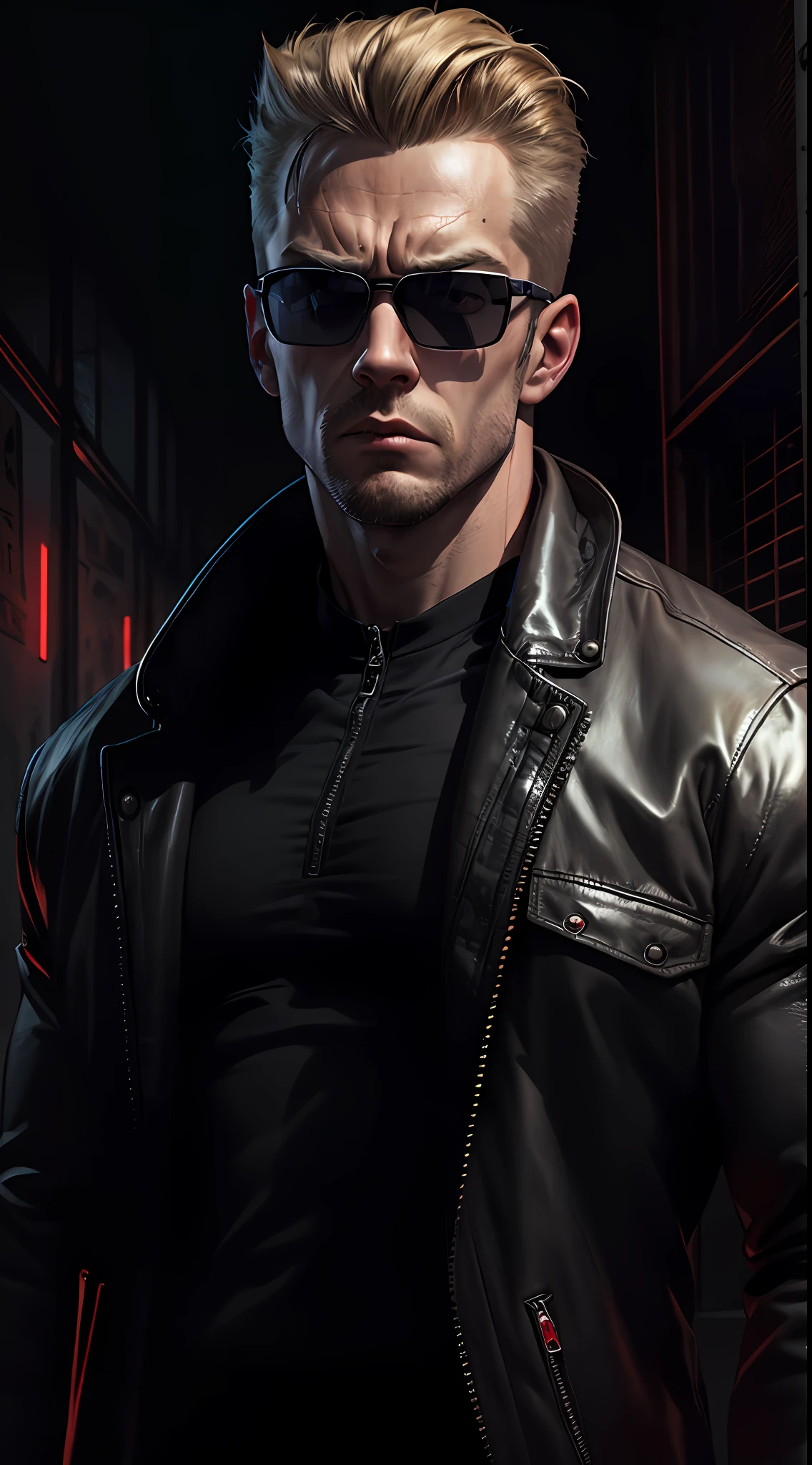 Albert Weser, lean muscle, square-shaped face, wearing black shades, dirty blond hair, duke nukem hairstyle, cold face expression, black long coat, black zipped clothes, red eyes and glowing eyes, menacing pose, black gloves, best quality, masterpiece, high resolution, RAW photo, dark corridor in the background, center focus