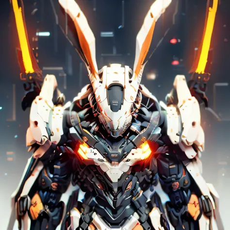 Rabbit-type mech,glowing light eyes，Only the head，Lots of details，Best quality at best，hight contrast，helmet，sci-fi themed，Fashionab，EVA，iintricate，Rigid metal，Clear focus，Bright lights，Only the front face，Head focus