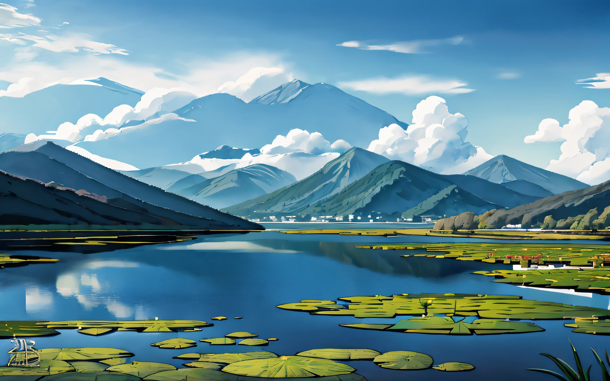 Premium Photo | Anime scenery of a lake with a sky and clouds generative ai