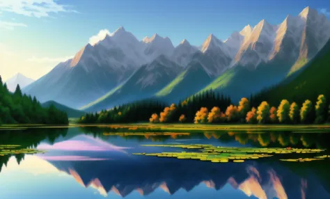 Lake painting with water lilies and mountains as background, anime beautiful peace scene, anime landscape wallpapers, beautiful ...