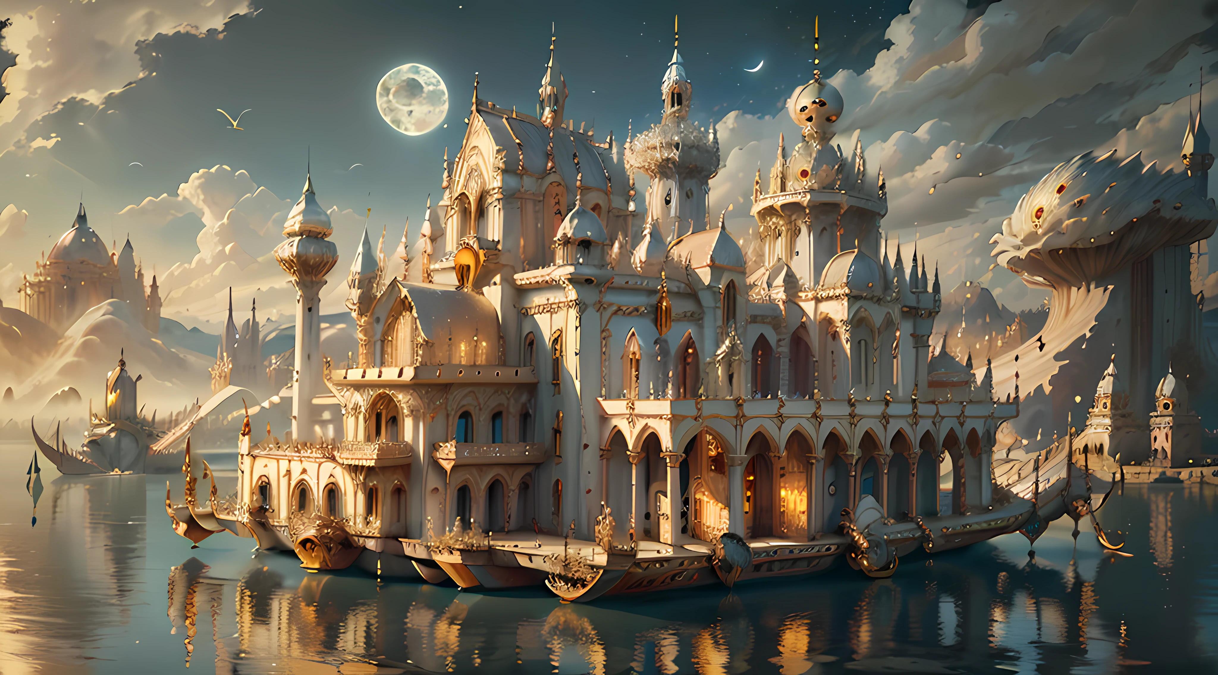 ((((Masterpiece)), Ivory Gold AI City at Night, Isometric, 3D rendering, Very high definition, High detail, There is a big clock on a plate in the water, gorgeous spaceship painting, 4K highly detailed digital art, gorgeous gilded space machine, golden steampunk city atmosphere, fantasy. gondola boat, shocking fantasy 3d rendering, futuristic persian palace, fantasy highly detailed, beautiful detailed fantasy, futuristic palace, detailed fantasy digital art, magic fantasy highly detailed