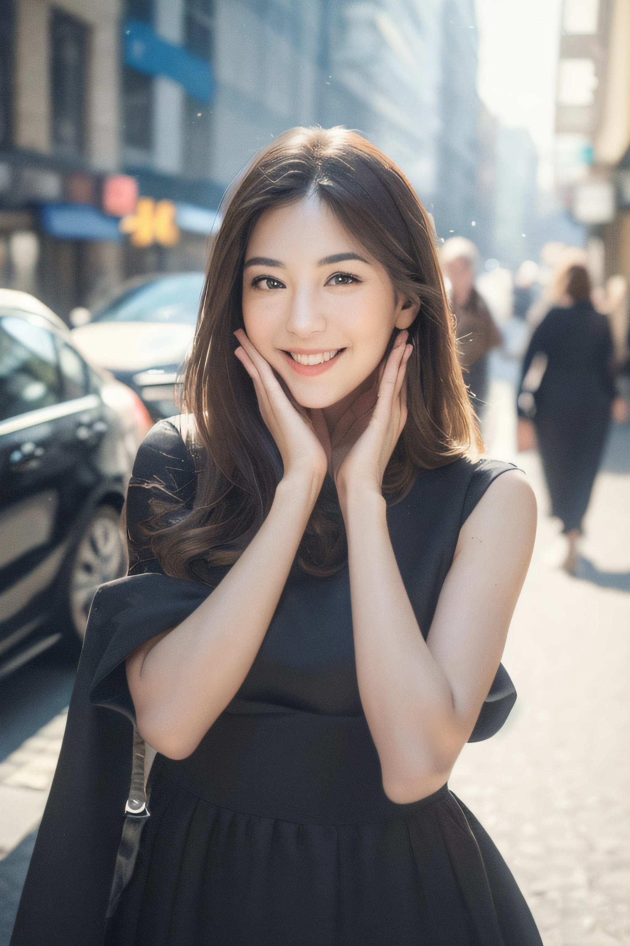 ((Best quality, 8k, Masterpiece :1.3)), 1girl, smiling, full body, slim face, Pretty woman, (Dark brown hair), full length dress :1.1, Ultra-detailed face, Detailed eyes, Double eyelid,  blur background, slim face, city, outside, street,ultra high res, (photorealistic:1.4), raw photo,16K,dramatic lighting,