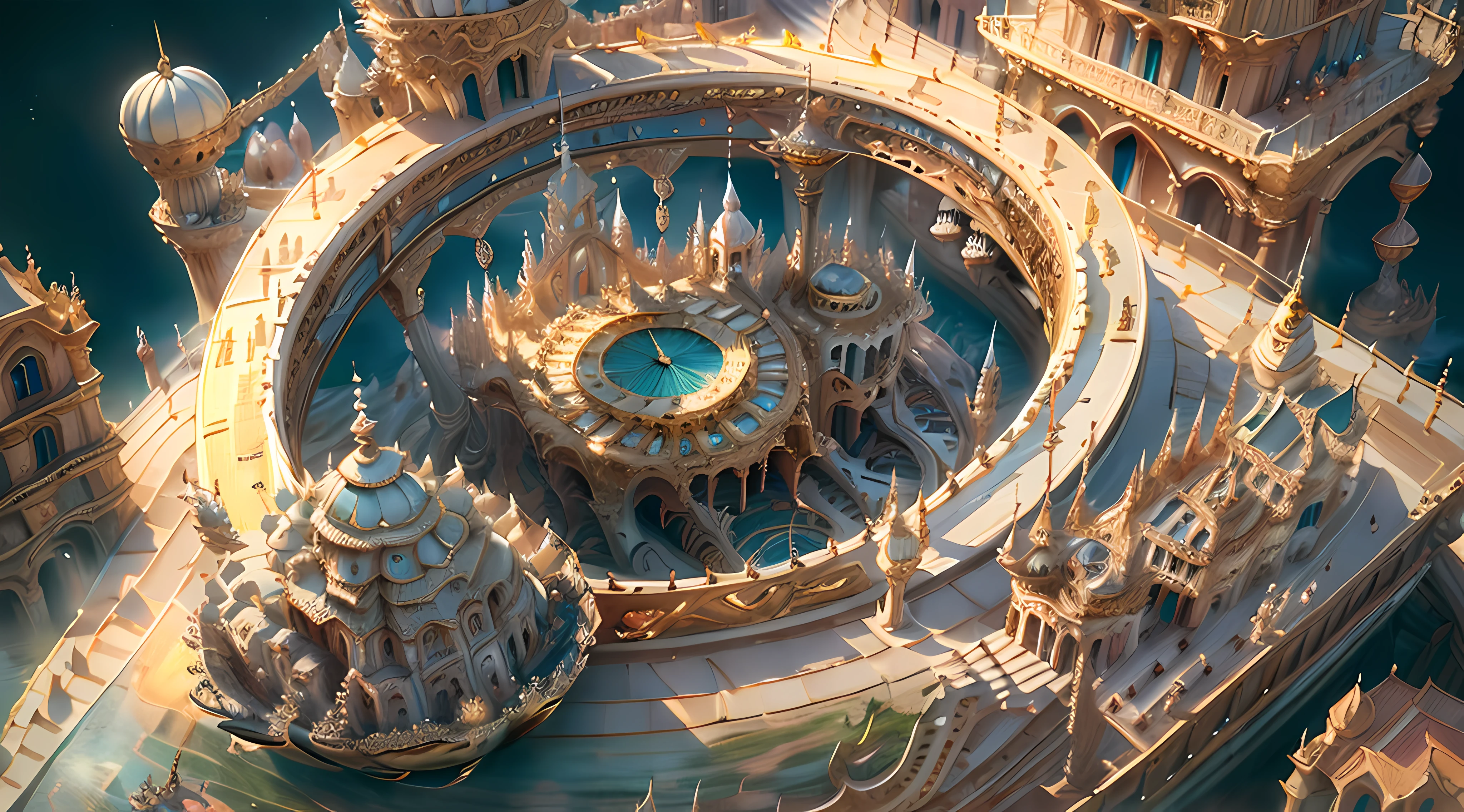 ((((Obra de arte)), Cidade Ivory Gold AI à noite, isométrico, Renderização 3D, definição muito alta, Alto detalhe, Há um grande relógio em um prato na água, linda pintura de nave espacial, Arte digital altamente detalhada em 4k, Linda máquina espacial dourada, atmosfera dourada da cidade steampunk, fantasia. barco de gôndola, shocking fantasia 3d rendering, palácio persa futurista, fantasia highly detailed, beautiful detailed fantasia, palácio futurista, detailed fantasia digital art, magic fantasia highly detailed