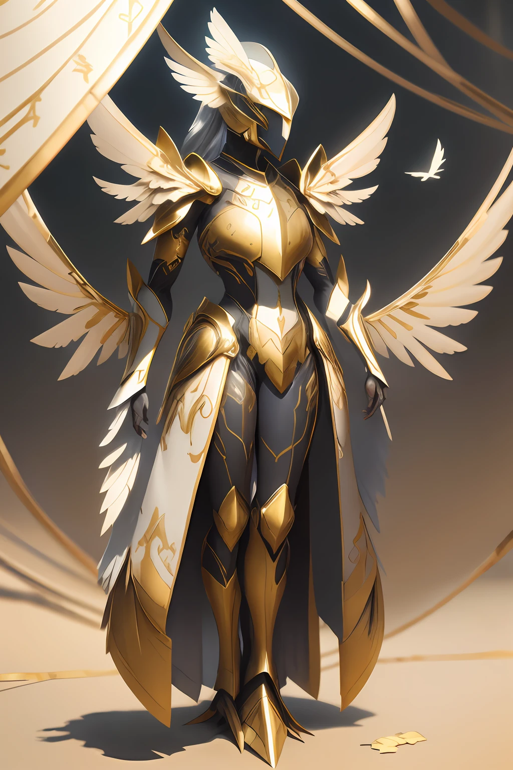 ​masterpiece、top-quality、1girll、futuristic design、Armor suit with the image of a bird、The upper part of the body、watching at viewers、Front view、upper body close - up、Brass colored armor suit、Brass wings extend from the back、Flying in the sky、Empty background