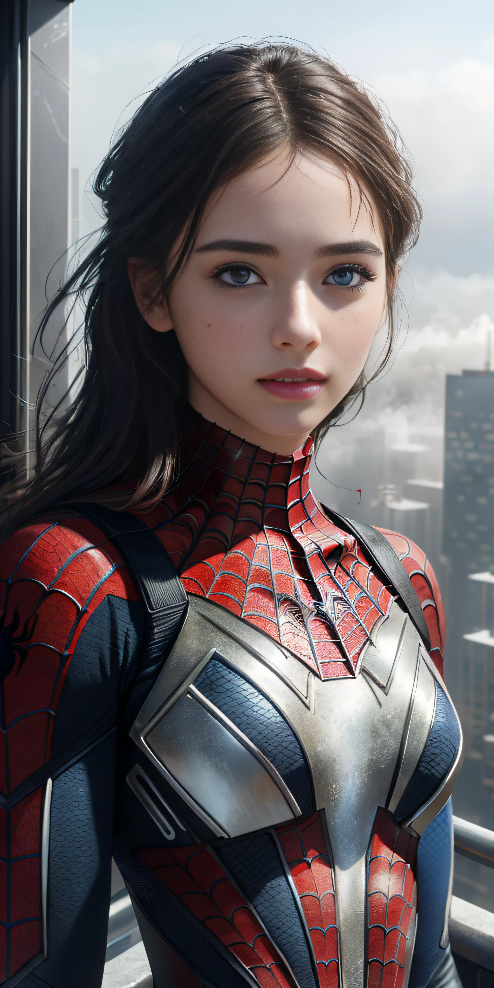 (1girl:1.3), Solo, (((Very detailed face)))), ((Very detailed eyes and face)))), Beautiful detail eyes, Body parts__, Official art, Unified 8k wallpaper, Super detailed, beautiful and beautiful, beautiful, masterpiece, best quality, original, masterpiece, super fine photo, best quality, super high resolution, realistic realism, sunlight, full body portrait, amazing beauty, dynamic pose, delicate face, vibrant eyes, (from the front), She wears Spider-Man suit, red and black color scheme, spider, very detailed city roof background, rooftop, overlooking the city, detailed face, detailed complex busy background, messy, gorgeous, milky white, highly detailed skin, realistic skin details, visible pores, clear focus, volumetric fog, 8k uhd, DSLR, high quality, film grain, fair skin, photo realism, lomography, futuristic dystopian megalopolis, translucent