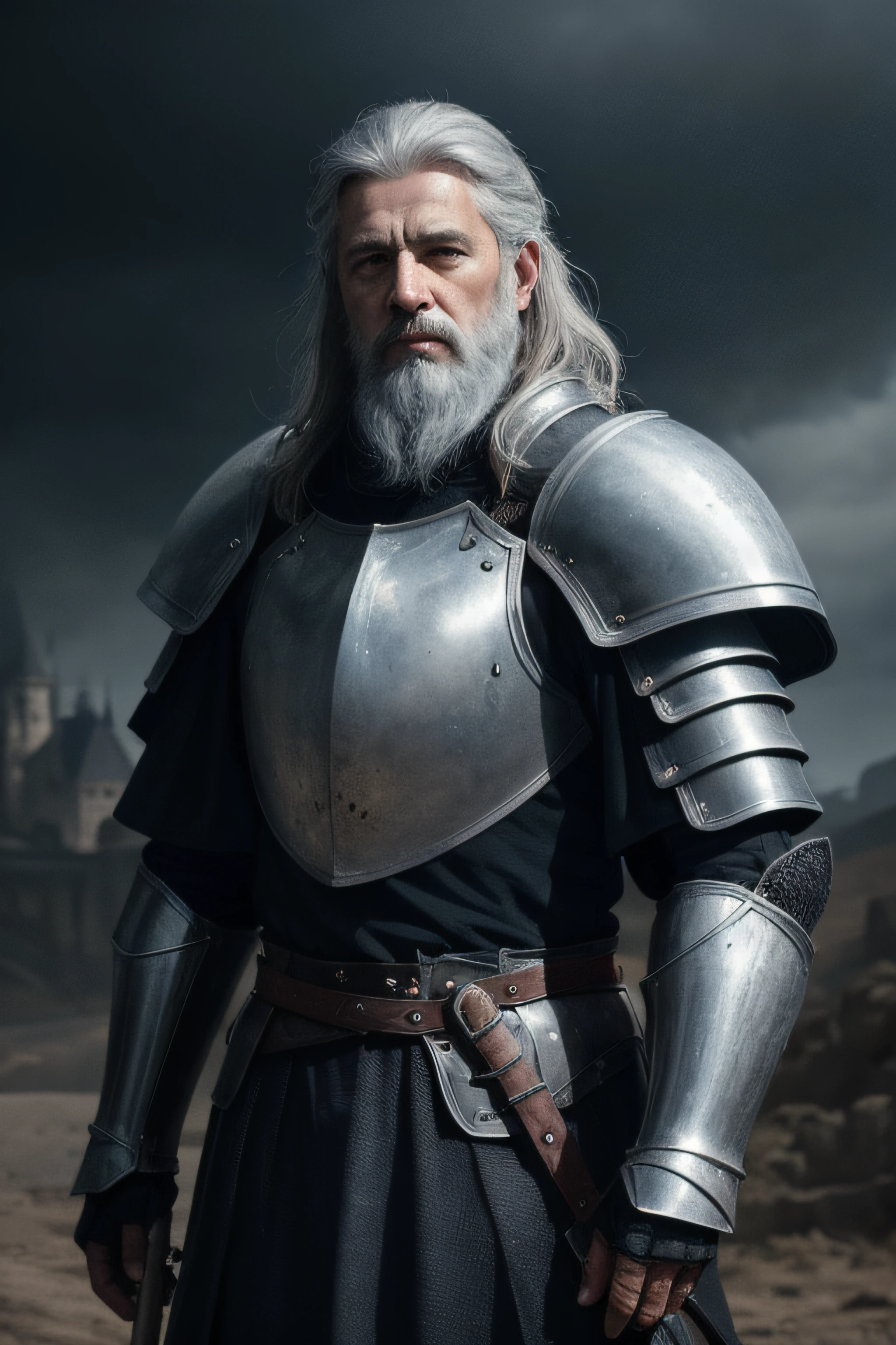 photorealistic, top quality, masterpiece, cinematic composition, slow motion, (medium shot of a medieval knight, sombre and weathered face, beard, grey hair:1.2), chain mail and plate armour, (realistic and detailed|intricate armour:1.1), (visible face:1.3), (photorealistic physiognomy|eyes|iris|skin|musculature, detailed skin, skin texture, natural skin), (holding a sword in his hand:1. 2), frontal perspective, imposing and determined pose, looking forward with determination, skin imperfections, natural skin wrinkles, natural skin spots, highly detailed clothes, abundant details, intricate details, realistic wrinkles in clothing, medieval fantasy landscape, cloudy sky, castle in the background in the distance, radiant lighting, deep shadows, dramatic scene, dark and cool colour palette, blue and grey tones, No other characters in the scene, abundant detail|intricate, detailed landscape, volumetric lighting, (detailed lighting), (detailed light reflections on armour:1. 1), 8k, highly detailed, UHD, HDR, photorealistic facial expression|hairstyle